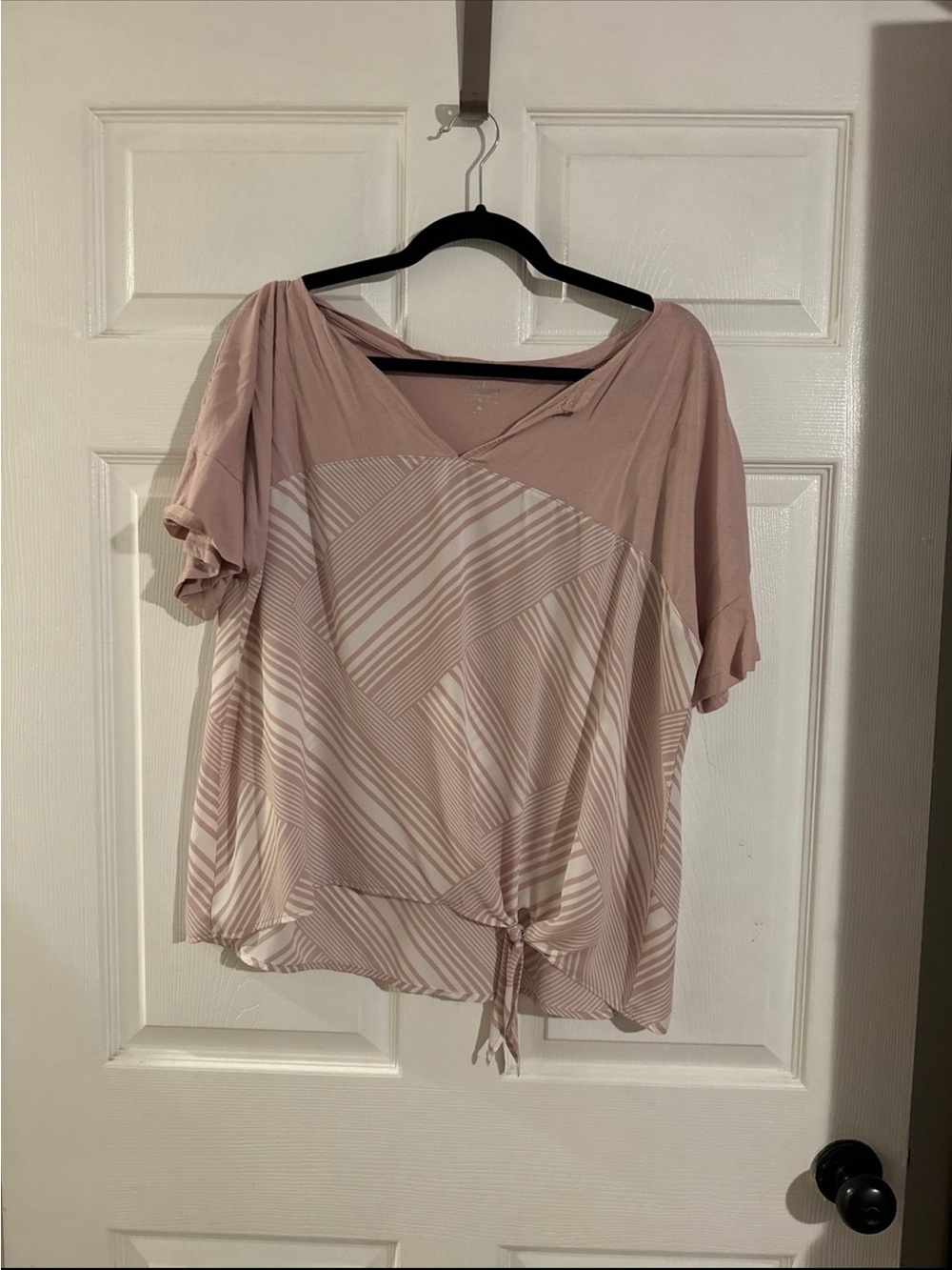 New York & Company Dusty Rose Striped V-Neck Tie-Hem Tunic
